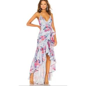 Floral Wrap Midi Dress with Ruffle Hem - Light Blue
